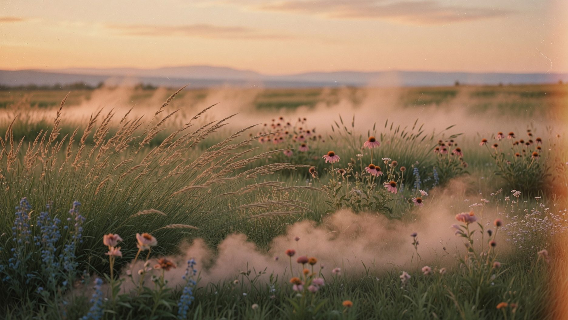 A native prairie meadow at golden hour in southern Alberta, with wild grasses, echinacea, and forget-me-nots in soft afternoon light.